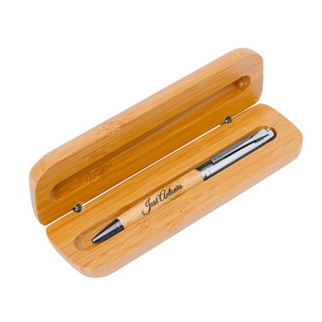 Set Bolígrafo Plateado y Madera Bambú y Caja de Bambú Grabado Láser