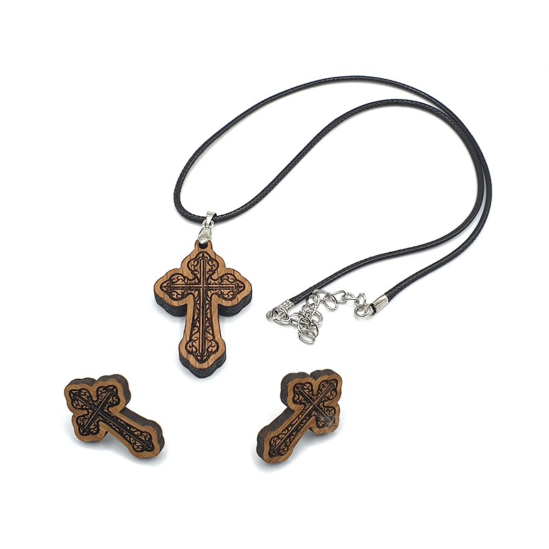 Conjunto de Collar y Pendientes ✝️ de Madera de Roble Hechos a Mano