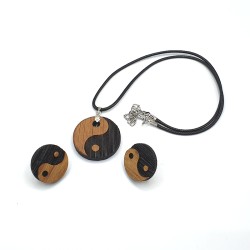 Conjunto Yin Yang 🌿 Colgante y Pendientes Artesanales en Madera ✨