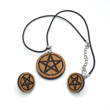 Conjunto Guardian of Elements - Colgante y Pendientes Pentáculo en Madera